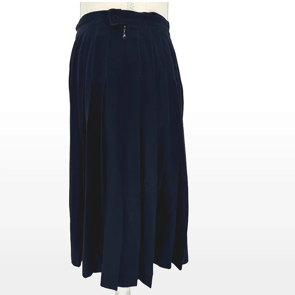 90s Vintage Adrienne‎ Vittadini Pleated Silk Midi Skirt 8 Blue Minimalist Preppy